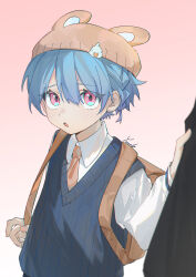 Rule 34 | 1boy, 1other, absurdres, animal hat, backpack, bag, blue eyes, blue hair, blue sweater vest, child, clothes grab, collared shirt, hat, highres, light blue hair, long sleeves, looking at another, male focus, multicolored eyes, necktie, orange necktie, original, pink eyes, shirt, sleeve grab, sweater vest, white shirt, yellow necktie, yonab, yonab (yonab)