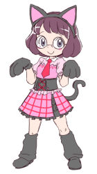 Rule 34 | 10s, 1girl, animal ears, animal hands, blush, cat ears, cat paws, cat tail, cosplay, fake animal ears, full body, glasses, looking at viewer, misora inaho, nollety, nyakb, short hair, simple background, sketch, skirt, smile, solo, tail, white background, youkai watch, youkai watch 3
