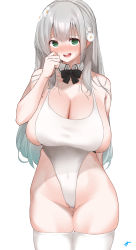 Rule 34 | 1girl, aqua hair, bare shoulders, breasts, c@rbon, cleavage, commentary, cowboy shot, detached collar, gluteal fold, grey hair, highres, huge breasts, long hair, looking at viewer, mole, mole on breast, multicolored hair, original, simple background, solo, streaked hair, thigh gap, thighhighs, two-tone hair, white background, white thighhighs