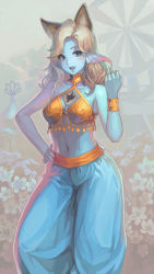 Rule 34 | 1girl, animal ears, arabian clothes, armlet, armor, armpits, baggy pants, bare shoulders, bikini armor, blonde hair, blue eyes, blue skin, blush, clenched hand, collar, colored skin, dragon quest, dragon quest x, fins, flower, graphite (medium), hand on own hip, head fins, long hair, mico (paleshelter), midriff, mixed media, monster girl, navel, open mouth, pants, smile, solo, traditional media, weddie (dq10)