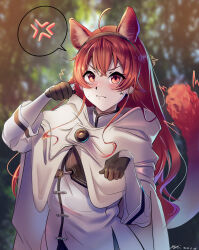 Rule 34 | 1girl, absurdres, ahoge, anger vein, animal ears, black hairband, blurry, blurry background, blush, brown gloves, cape, closed mouth, crossed bangs, dated, eris greyrat, forest, gloves, hairband, hands up, highres, kemonomimi mode, long hair, long sleeves, mushoku tensei, nature, outdoors, paw pose, red eyes, red hair, shirt, signature, solo, spoken anger vein, sweatdrop, tail, white cape, white shirt, yujin (kanouyuuto-0423)