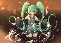 Rule 34 | 1girl, black skirt, black thighhighs, blue eyes, breasts, collarbone, collared shirt, detached sleeves, domo1220, expressionless, green hair, green necktie, hair between eyes, hatsune miku, long hair, looking to the side, medium breasts, necktie, outstretched arms, parted lips, pleated skirt, raised eyebrows, ripples, shirt, skirt, solo, splashing, thighhighs, thighs, very long hair, vocaloid, wading, water, water surface
