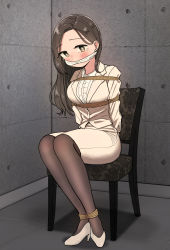 Rule 34 | 1girl, bad id, bad pixiv id, bdsm, black pantyhose, blush, bondage, bound, bound ankles, brown eyes, brown hair, center frills, commentary, concrete, earrings, frills, gag, high heels, highres, jacket, jewelry, long hair, long sleeves, looking at viewer, miyama (kannsannn), office lady, on chair, original, pantyhose, pencil skirt, restrained, shirt, sitting, skirt, solo, stud earrings, tearing up, white footwear, white jacket, white shirt, white skirt