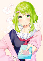 Rule 34 | 1girl, absurdres, blue shirt, blush, bow, box, brown background, cardigan, closed mouth, collarbone, commentary request, floral background, gift, gift box, green eyes, green hair, hair bow, hand on own hip, highres, holding, holding gift, long sleeves, looking at viewer, morinaka kazaki, neckerchief, nijisanji, open cardigan, open clothes, pink bow, pink cardigan, red neckerchief, sailor collar, school uniform, serafuku, shirt, simple background, sleeves past wrists, solo, tsumetsume zerii, upper body, virtual youtuber, white sailor collar