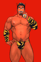 Rule 34 | 1boy, animal print, bara, black eyes, black hair, black male underwear, bulge, chinese zodiac, colored skin, detached sleeves, facial hair, fangs, feet out of frame, food, goatee, highres, horns, large pectorals, loincloth, male focus, male underwear, monster boy, multiple horns, muscular, muscular male, navel, navel hair, nipples, original, pectorals, print male underwear, red skin, short hair, sideburns, skin-covered horns, solo, spiked hair, stomach, sushi, tarutoru, thick eyebrows, thick thighs, thighs, tiger print, topless male, undercut, underwear, underwear only, year of the tiger, yellow male underwear