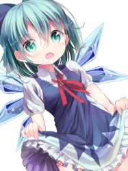 Rule 34 | 1girl, aqua eyes, aqua hair, bad id, bad pixiv id, blue dress, blush, bow, cirno, clothes lift, dress, dress lift, fang, hair bow, ice, ice wings, looking at viewer, open mouth, opopowa, puffy sleeves, shirt, short sleeves, solo, touhou, wings