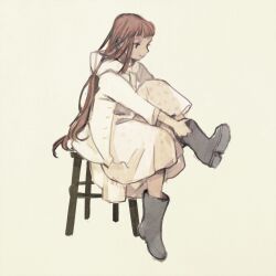 Rule 34 | 1girl, boots, brown eyes, chair, closed mouth, dress, full body, green background, highres, jacket, long dress, long hair, original, philia ell, putting on boots, red hair, short bangs, simple background, sitting, solo, tono (rt0no), white dress, white jacket