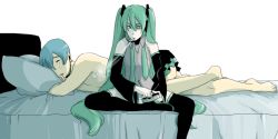 Rule 34 | 1boy, 1girl, aftersex, ashtray, bad id, bad pixiv id, barefoot, blue hair, cigarette, crossdressing, detached sleeves, green hair, harada, hatsune miku, hetero, kaito (vocaloid), long hair, lying, necktie, panties, pillow, role reversal, ruined for marriage, sitting, skirt, smoking, striped clothes, striped panties, tears, thighhighs, twintails, underwear, vocaloid