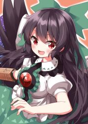 Rule 34 | 1girl, arm cannon, black hair, black wings, bow, feathered wings, green bow, green skirt, hair bow, highres, long hair, long skirt, open mouth, puffy short sleeves, puffy sleeves, red eyes, reiuji utsuho, ruu (tksymkw), shirt, short sleeves, skirt, smile, solo, touhou, weapon, white shirt, wings