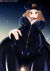 Rule 34 | 10s, 1girl, ass, black bodysuit, blush, bodysuit, boku no hero academia, breasts, brown eyes, cameltoe, cleavage, cleft of venus, collar, from below, full-length zipper, hand on own hip, hat, large breasts, light brown hair, looking at viewer, no bra, parted lips, peaked cap, shiny clothes, smile, solo, tofuubear, utsushimi kemii, zipper, zipper pull tab