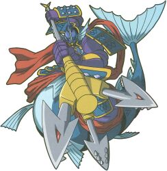 Rule 34 | 1boy, armor, digimon, digimon xros wars, full armor, full body, looking at viewer, merman, monster boy, neptunemon, official art, polearm, red scarf, scales, scan, scarf, serious, sharp teeth, teeth, trident, weapon