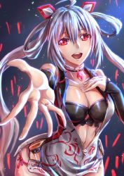 Rule 34 | 1girl, :d, ahoge, audience, black bra, black sleeves, bra, breasts, choker, cleavage, collarbone, detached sleeves, floating hair, hair between eyes, hair ornament, highres, idol, long hair, long sleeves, looking at viewer, matoi (pso2), medium breasts, open mouth, outstretched arm, outstretched hand, phantasy star, phantasy star online 2, reaching, reaching towards viewer, red eyes, sakazuki sudama, shiny skin, silver hair, smile, solo, stage, standing, twintails, underwear, very long hair