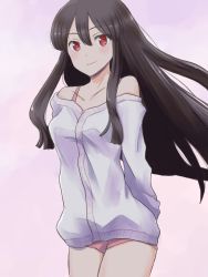 Rule 34 | 1girl, arms behind back, baggy clothes, bare shoulders, black hair, collarbone, commentary request, cowboy shot, hair between eyes, houraisan kaguya, jack (wkm74959), jacket, long hair, looking at viewer, off shoulder, pink background, pink shorts, red eyes, shorts, sidelocks, smile, solo, strap, touhou, white jacket