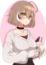 Rule 34 | 1girl, absurdres, ahoge, black choker, book, braid, braided bangs, brown eyes, brown hair, brown skirt, choker, crossed bangs, glasses, highres, holding, holding book, hololive, hololive english, jewelry, looking at viewer, multicolored hair, nanashi mumei, nanashi mumei (casual), necklace, official alternate costume, official alternate hairstyle, parted lips, pencil, plaid, plaid skirt, red shirt, round eyewear, runes, sayo0692, shirt, short hair, simple background, skirt, sleeves past wrists, streaked hair, sweater, virtual youtuber, white sweater