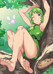 Rule 34 | 1girl, absurdres, armpits, arms up, barefoot, blue eyes, feet, female focus, green hair, highres, in tree, looking at viewer, nintendo, one eye closed, outdoors, pretty-purin720, saria (zelda), short hair, sitting, sitting in tree, smile, soles, solo, the legend of zelda, toes, tree, wink