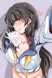 Rule 34 | 10s, 1girl, :p, black hair, blush, breasts, commentary request, covered erect nipples, gloves, hair ornament, hair ribbon, heart, highres, holding paper, isokaze (kancolle), kanbayashi chiko, kantai collection, large breasts, long hair, long sleeves, looking at viewer, no panties, no pants, out-of-frame censoring, paper, red eyes, ribbon, school uniform, serafuku, shadow, simple background, smile, solo, tongue, tongue out, translation request, tress ribbon, white gloves