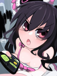 Rule 34 | bare shoulders, black hair, bra, breasts, cleavage, highres, lingerie, long hair, neptune (series), phone, red eyes, ribbon, siroisa 4613, small breasts, tsundere, twintails, two side up, underwear, uni (neptunia)