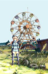 Rule 34 | 1girl, akiyama yoko, ankle boots, belt, belt pouch, black footwear, black thighhighs, blonde hair, blue sky, boots, breasts, commentary request, cross-laced footwear, day, ferris wheel, goggles, goggles on head, grass, highres, jpeg artifacts, lace-up boots, large breasts, long hair, long sleeves, looking at viewer, official art, outdoors, pale skin, pink eyes, pouch, saguri-chan tankentai, shinobima saguri, sky, solo, standing, thighhighs, tire, tree, wind