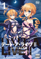 Rule 34 | 10s, 2girls, asymmetrical clothes, bare shoulders, blue eyes, boots, braid, breasts, cape, chain, choker, collar, cover, crescent moon, cuffs, date a live, drill hair, dvd cover, elbow gloves, english text, garter straps, gloves, hair bun, highres, holding hands, jitome, lock, long hair, moon, multiple girls, navel, night, night sky, official art, open mouth, orange hair, padlock, revealing clothes, siblings, sidelocks, single braid, single hair bun, sisters, sky, text focus, twins, yamai kaguya, yamai yuzuru