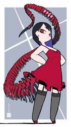 Rule 34 | 1girl, absurdres, black hair, black thighhighs, closed mouth, dress, expressionless, full body, garter belt, hands on own hips, highres, iwako (eiken3kyuboy), mechanical tail, original, red dress, red eyes, red footwear, solo, standing, swept bangs, tail, thighhighs