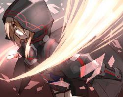 Rule 34 | 1girl, armor, artoria pendragon (all), artoria pendragon (fate), blonde hair, breastplate, fate/grand order, fate (series), hair between eyes, highres, hood, hood up, hooded coat, long hair, long sleeves, looking at viewer, mysterious heroine x alter (fate), mysterious heroine x alter (third ascension) (fate), parted lips, saber (fate), shunichi, solo, thigh strap, yellow eyes