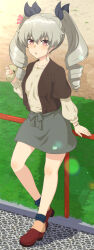 Rule 34 | 1girl, :o, absurdres, ada badguy, anchovy (girls und panzer), black ribbon, black shirt, black socks, bobby socks, bracelet, brown footwear, casual, commentary, cup, day, disposable cup, drill hair, full body, girls und panzer, grass, green hair, grey shirt, grey skirt, hair ribbon, heel up, highres, holding, holding cup, jewelry, layered clothes, layered sleeves, lens flare, long hair, long sleeves, looking at viewer, miniskirt, necklace, notice lines, outdoors, parted lips, railing, red eyes, ribbon, shirt, shoes, short over long sleeves, short sleeves, skirt, socks, solo, standing, twin drills, twintails