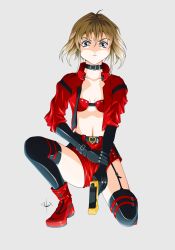 Rule 34 | 1girl, absurdres, armitage iii, belt, black belt, black thighhighs, blonde hair, blue eyes, breasts, buckle, chain, chain earrings, choker, collarbone, cropped jacket, cyberpunk, cyborg, earrings, elbow gloves, garter straps, gloves, gun, handgun, heart, heart-shaped buckle, highres, holding own wrist, jacket, jewelry, looking to the side, midriff, mystic violence, naomi armitage, navel, on one knee, red footwear, red jacket, red shorts, short hair, short shorts, shorts, small breasts, solo, thighhighs, thighs, weapon, white background