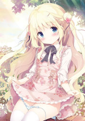 Rule 34 | 1girl, black bow, black bowtie, blonde hair, blue eyes, blue panties, blush, bow, bowtie, brick wall, closed mouth, clothes lift, day, double bun, dress, dress lift, fingernails, floral print, flower, hair between eyes, hair bun, hair flower, hair ornament, hairclip, head tilt, highres, koi kakeru shin-ai kanojo, komari yui, lifted by self, long hair, long sleeves, looking at viewer, outdoors, panties, panty pull, pink dress, pink flower, print dress, rabbit hair ornament, shiratama (shiratamaco), shirt, side-tie panties, side bun, sitting, smile, solo, thighhighs, two side up, underwear, untied panties, very long hair, white flower, white shirt, white thighhighs