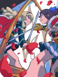 Rule 34 | 2girls, black hair, black hairband, blonde hair, blue bow, bow, cape, crossed swords, epaulettes, fighting, from below, fur-trimmed cape, fur trim, grin, hair bow, hair ornament, hairband, hairclip, highres, holding, holding sword, holding weapon, long hair, looking at another, miniskirt, multiple girls, parted lips, petals, pleated skirt, poniponinohamu, rose petals, saijou claudine, shoujo kageki revue starlight, skirt, smile, sword, tendou maya, weapon, x hair ornament