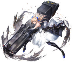 Rule 34 | 1girl, blonde hair, blue bow, bow, breasts, dress, floating hair, gun, hair bow, highres, holding, holding gun, holding weapon, huge weapon, long hair, mechanical arms, mechanical legs, medium breasts, morichika shuuto, original, science fiction, shell casing, smile, solo, v-shaped eyebrows, weapon, white dress