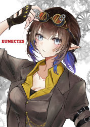 Rule 34 | 1girl, absurdres, arknights, bandaid, bandaid on face, blue hair, breasts, brown hair, character name, cleavage, colored inner hair, eunectes (arknights), fingerless gloves, gears, gloves, goggles, goggles on head, grey eyes, highres, jiru (6pp ab), multicolored hair, pointy ears, steampunk