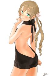Rule 34 | 10s, 1girl, alisha diphda, alternate hairstyle, artist name, ass, bare back, blush, butt crack, drill hair, green eyes, hair ornament, highres, looking at viewer, looking back, meme attire, simple background, solo, tales of (series), tales of zestiria, twin drills, ubo (ubo tales), virgin killer sweater, white background