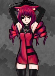 Rule 34 | 1girl, :&lt;, animal ears, armpits, arms up, black sclera, cat ears, chromatic aberration, clockkeys, closed mouth, colored sclera, cowboy shot, dress, drill hair, elbow gloves, gloves, grey background, halterneck, looking at viewer, red eyes, red hair, simple background, solo, stella hoshii, thighhighs, tsurime, va-11 hall-a, zettai ryouiki