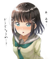 Rule 34 | 10s, 1girl, alternate hair length, alternate hairstyle, arms behind back, black hair, blue eyes, blush, breasts, collarbone, commentary request, green neckwear, green shirt, grey sailor collar, hair ornament, hairclip, highres, kurosawa dia, looking at viewer, love live!, love live! sunshine!!, mole, mole under mouth, nose blush, parted lips, sailor collar, school uniform, serafuku, shirt, sidelocks, simple background, sin (sin52y), small breasts, solo, translation request, upper body, uranohoshi school uniform, white background