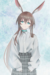 1girl amiya_(arknights) animal_ears aqua_collar aqua_eyes arknights ashzero black_skirt brown_hair buttons closed_mouth collar collared_shirt cowboy_shot dress_shirt grey_shirt hair_between_eyes hair_over_shoulder highres light_smile long_hair looking_at_viewer plaid_clothes plaid_skirt pleated_skirt shirt shirt_tucked_in sidelocks skirt sleeves_past_wrists solo split_mouth standing