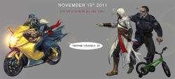 Rule 34 | !?, 3boys, ^^^, altair ibn la-ahad, anger vein, assassin&#039;s creed, assassin&#039;s creed: revelations, assassin&#039;s creed (series), assassin&#039;s creed ii, beard, bicycle, cape, english text, ezio auditore da firenze, facial hair, goggles, hood, male focus, motor vehicle, motorcycle, multiple boys, police, speech bubble, spoken expression, sunsetagain, vehicle