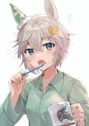 Rule 34 | 1girl, absurdres, akitsuki (oenothera), animal ears, blue eyes, blush, collared shirt, cup, green shirt, hair between eyes, hair ornament, hairclip, highres, holding, holding cup, holding toothbrush, horse ears, horse girl, long sleeves, open mouth, seiun sky (umamusume), shirt, short hair, silver hair, simple background, solo, toothbrush, toothbrush in mouth, umamusume, upper body, white background