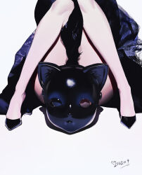 Rule 34 | 1girl, absurdres, black dress, black footwear, cat mask, convenient censoring, dan (user 12458614), dated, dress, head out of frame, high heels, highres, knees up, legs, lower body, mask, original, simple background, sitting, view between legs, white background