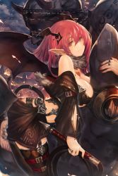 Rule 34 | 10s, 1girl, bare shoulders, barefoot, bat wings, bent over, black thighhighs, blush, breasts, chain chronicle, demon girl, demon tail, earrings, head wings, heart, jewelry, large breasts, nail polish, original, parted lips, pink eyes, pink hair, pointy ears, ring, short hair, smile, tail, thighhighs, toenail polish, toenails, whip, wings, yaoya musuko