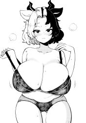 Rule 34 | 1girl, absurdres, animal ears, areola slip, blush, bra, bra pull, breasts, clothes pull, collarbone, commentary request, cow ears, cow girl, cow horns, cowboy shot, curvy, gluteal fold, greyscale, highres, himajin noizu, horns, huge breasts, lingerie, looking at viewer, monochrome, multicolored hair, navel, panties, parted lips, plump, pulling own clothes, short hair, simple background, solo, split-color hair, sweat, touhou, underwear, undressing, ushizaki urumi, white background