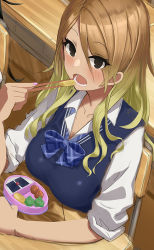 Rule 34 | 1girl, :o, arm rest, bento, blonde hair, blue vest, blush, bow, bowtie, breasts, brown hair, chopsticks, classroom, collarbone, eating, food, gradient hair, idolmaster, idolmaster shiny colors, indoors, izumi mei, large breasts, long hair, looking at viewer, loose bowtie, multicolored hair, nail polish, omelet, on chair, open collar, shoka bg, sitting, sleeves rolled up, solo, tamagoyaki, vest, wavy hair