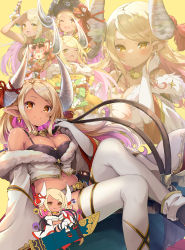 Rule 34 | 1girl, blush, breasts, chibi, cleavage, closed mouth, dark-skinned female, dark skin, granblue fantasy, highres, horns, kumbhira (granblue fantasy), large breasts, long hair, looking at viewer, multiple views, open mouth, pilokey, pointy ears, smile