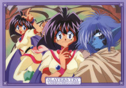 Rule 34 | 1990s (style), 1boy, 1girl, amelia wil tesla seyruun, art nouveau, black hair, blue eyes, blue hair, blue skin, border, breasts, cape, character name, choker, colored skin, copyright name, highres, index finger raised, long pointy ears, looking at viewer, medium hair, official art, open mouth, pink neckwear, pointy ears, retro artstyle, scan, slayers, slayers try, smile, wristband, zelgadiss graywords