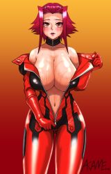 Rule 34 | 1girl, akaimelon, armpits, artist name, artist request, bare shoulders, biker clothes, bikesuit, blush, bodysuit, breasts, bursting breasts, cleavage, curvy, gloves, gradient background, hair ornament, huge breasts, izayoi aki, lips, long hair, looking at viewer, medium hair, navel, no bra, parted lips, red eyes, red hair, shiny clothes, shiny skin, skindentation, smile, solo, standing, stomach, sweat, underboob, underwear, undressing, upper body, wet, wet clothes, yellow eyes, yu-gi-oh!, zipper