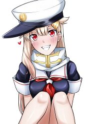 Rule 34 | 1girl, black serafuku, black shirt, blonde hair, grin, hair flaps, hat, highres, kantai collection, long hair, neckerchief, peaked cap, red eyes, red neckerchief, rikkii (likito yuzu is), sailor collar, scarf, school uniform, serafuku, shirt, simple background, sitting, smile, solo, white background, white hat, white sailor collar, white scarf, yuudachi (kancolle), yuudachi kai ni (kancolle)