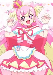 Rule 34 | 1girl, back bow, blonde hair, bow, brooch, choker, claw pose, commentary, cosplay, cowboy shot, crown, cure precious, cure precious (cosplay), cure wonderful, delicious party precure, dress, earrings, frilled cuffs, hairband, heart, heart brooch, highres, huge bow, inukai komugi, jewelry, long hair, looking at viewer, magical girl, mini crown, momotarouooi, multicolored hair, open mouth, pink dress, pink hair, precure, purple eyes, red bow, red choker, short dress, smile, solo, standing, two-tone hair, two side up, wonderful precure!, yellow hairband