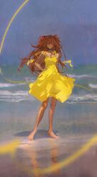 Rule 34 | 1girl, absurdres, arm at side, barefoot, beach, blue choker, blue eyes, blue sky, blurry, chinese commentary, choker, clear sky, commentary request, day, depth of field, dress, floating hair, full body, hair between eyes, hand on own hip, highres, horizon, huibuxing, interface headset, long hair, looking at viewer, neon genesis evangelion, ocean, orange hair, outdoors, painterly, ribbon, sky, sleeveless, sleeveless dress, solo, souryuu asuka langley, standing, sundress, two side up, water, wind, yellow dress, yellow ribbon