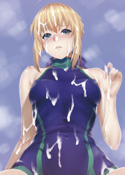 Rule 34 | 1girl, ahoge, artoria pendragon (all), artoria pendragon (fate), bare arms, blonde hair, blue background, blue eyes, blue one-piece swimsuit, blue ribbon, blush, braid, breasts, closed mouth, covered erect nipples, covered navel, cum, cum on body, cum on clothes, cum on hair, cum on hands, facial, fate/stay night, fate (series), hair between eyes, hair ribbon, highres, looking at viewer, one-piece swimsuit, ribbon, saber (fate), short hair with long locks, sidelocks, small breasts, solo, sweatdrop, swimsuit, zucchini