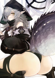 Rule 34 | 1girl, aaoshigatoutoi, absurdres, ahoge, arknights, ass, black legwear, black panties, closed mouth, crocodilian tail, goggles, goggles around neck, grey hair, hair over one eye, head tilt, highres, holding, hood, hood up, huge ass, large tail, long hair, long sleeves, panties, simple background, sitting, solo, tail, tomimi (arknights), torn clothes, torn legwear, underwear, white background