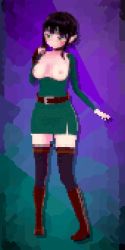 Rule 34 | 1girl, animated, animated gif, black hair, boots, breasts, buttons, clickrisky, dress, elf, elgera, fantasy, green dress, green eyes, nail polish, petite, pixel art, pointy ears, short hair, terra (elgera), thigh boots, thighhighs